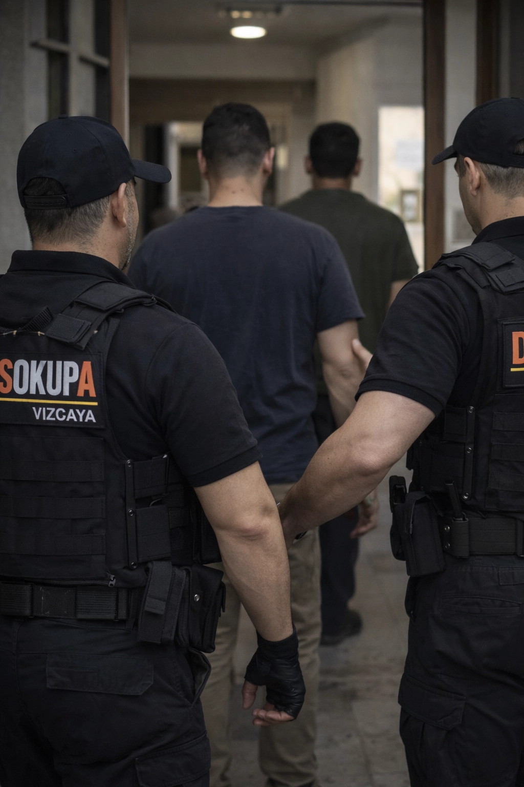 Policías escortando a sospechosos